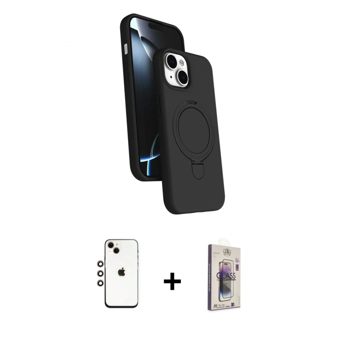 MARSİLYAN™- iPhone 14 Kılıf İz Işık Koleksiyonu - Siyah Bilvis 3D Cam Ekran Koruyucu + Shine Kamera Lens - GI