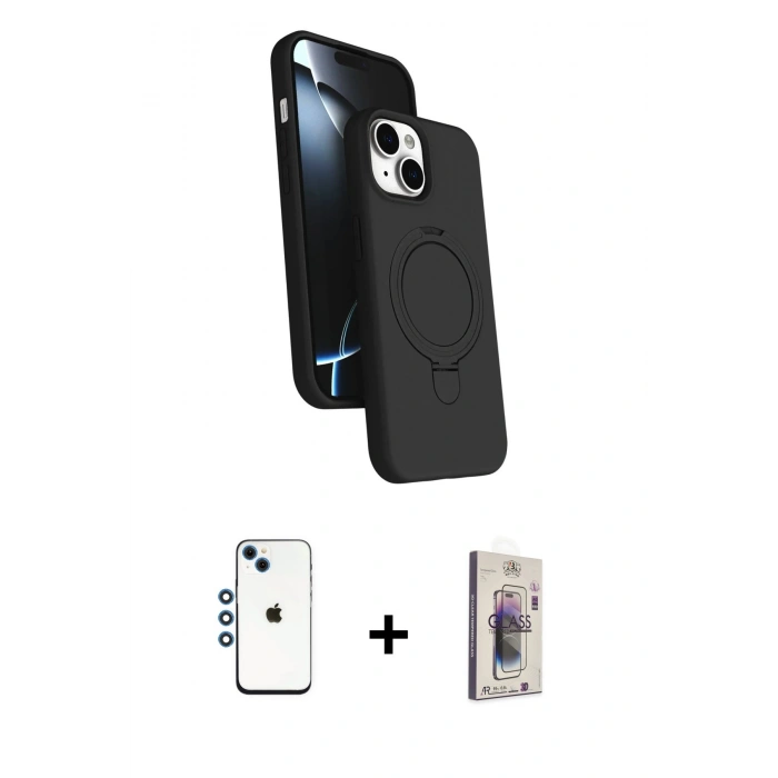 MARSİLYAN™- iPhone 14 Kılıf İz Işık Koleksiyonu - Siyah Bilvis 3D Cam Ekran Koruyucu + Shine Kamera Lens - MI