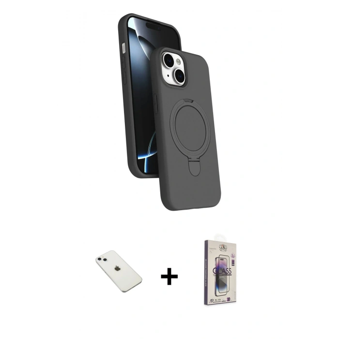 MARSİLYAN™- iPhone 14 Kılıf İz Işık Koleksiyonu - Siyah Bilvis 3D Cam Ekran Koruyucu + Diamond Kamera Lens - SABE