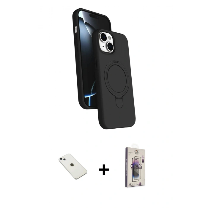 MARSİLYAN™- iPhone 14 Kılıf İz Işık Koleksiyonu - Siyah Bilvis 3D Cam Ekran Koruyucu + Diamond Kamera Lens - SABE