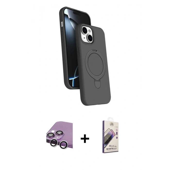 MARSİLYAN™- iPhone 14 Kılıf İz Işık Koleksiyonu - Siyah Bilvis 3D Mat Cam Ekran Koruyucu + Raze Metal Kamera Lens - GS