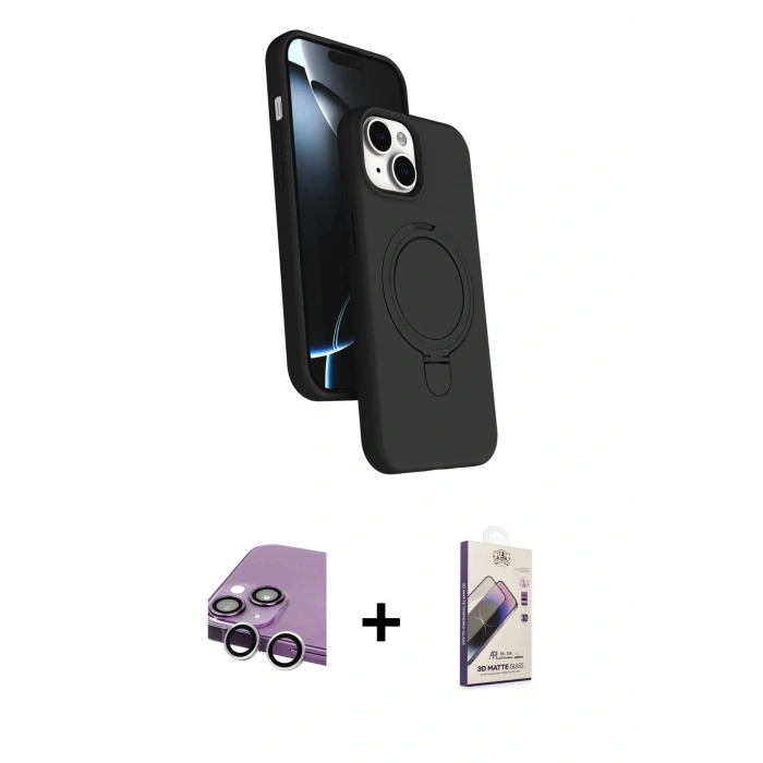 MARSİLYAN™- iPhone 14 Kılıf İz Işık Koleksiyonu - Siyah Bilvis 3D Mat Cam Ekran Koruyucu + Raze Metal Kamera Lens - GS