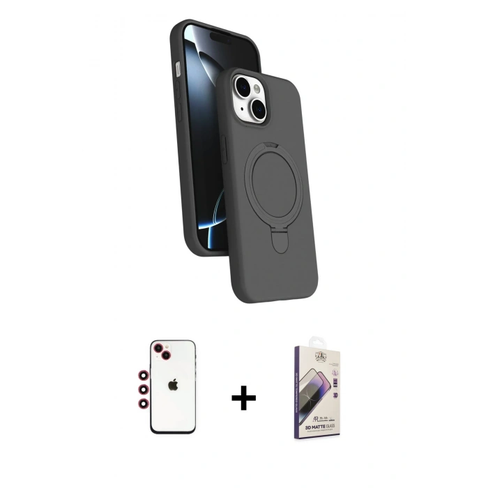 MARSİLYAN™- iPhone 14 Kılıf İz Işık Koleksiyonu - Siyah Bilvis 3D Mat Cam Ekran Koruyucu + Shine Kamera Lens - KI