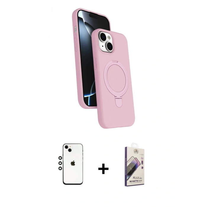 MARSİLYAN™- iPhone 14 Kılıf İz Işık Koleksiyonu - Siyah Bilvis 3D Mat Cam Ekran Koruyucu + Shine Kamera Lens - GS