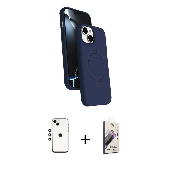 MARSİLYAN™- iPhone 14 Kılıf İz Işık Koleksiyonu - Siyah Bilvis 3D Mat Cam Ekran Koruyucu + Shine Kamera Lens - GS