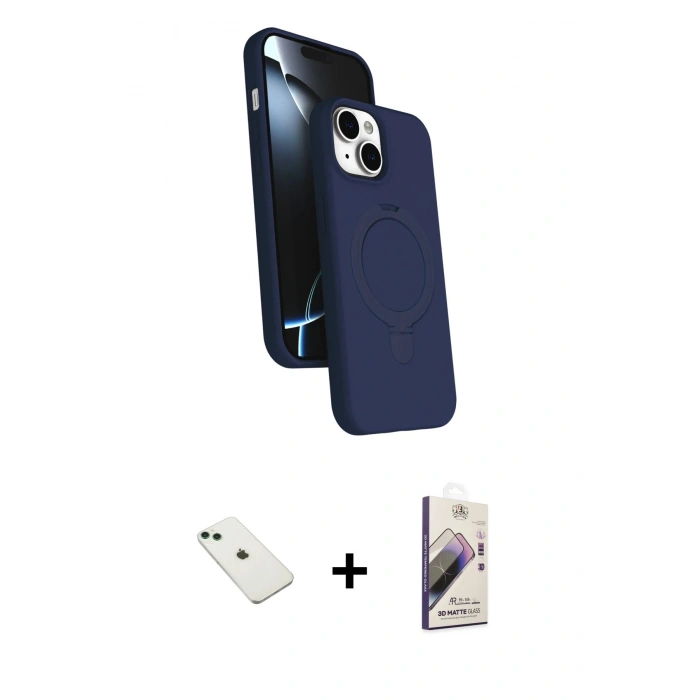 MARSİLYAN™- iPhone 14 Kılıf İz Işık Koleksiyonu - Siyah Bilvis 3D Mat Cam Ekran Koruyucu + Diamond Kamera Lens - YL