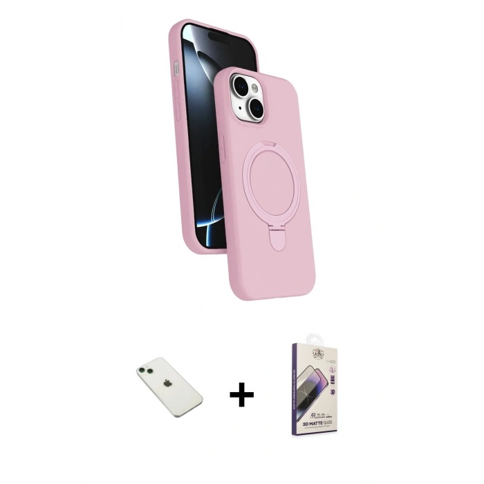 MARSİLYAN™- iPhone 14 Kılıf İz Işık Koleksiyonu - Siyah Bilvis 3D Mat Cam Ekran Koruyucu + Diamond Kamera Lens - YL