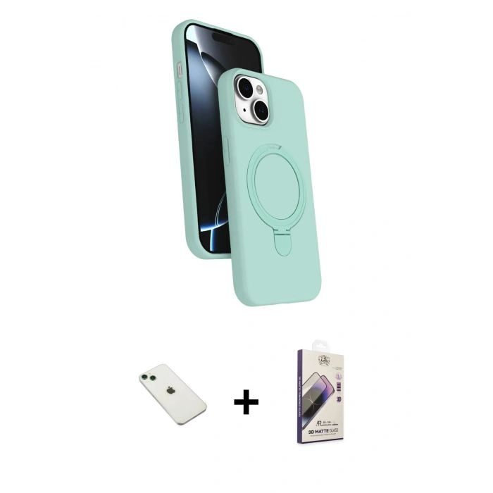 MARSİLYAN™- iPhone 14 Kılıf İz Işık Koleksiyonu - Siyah Bilvis 3D Mat Cam Ekran Koruyucu + Diamond Kamera Lens - YL