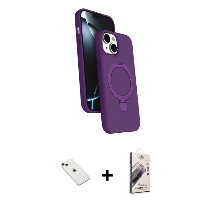 MARSİLYAN™- iPhone 14 Kılıf İz Işık Koleksiyonu - Siyah Bilvis 3D Mat Cam Ekran Koruyucu + Diamond Kamera Lens - YL