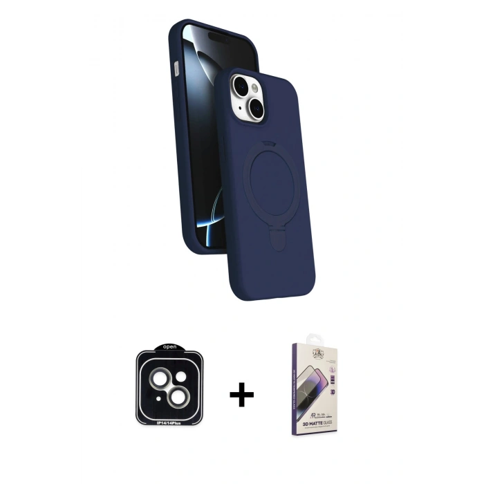 MARSİLYAN™- iPhone 14 Kılıf İz Işık Koleksiyonu - Siyah Bilvis 3D Mat Cam Ekran Koruyucu + PVD Metal Kamera Lens - YL