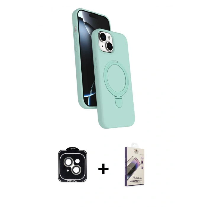 MARSİLYAN™- iPhone 14 Kılıf İz Işık Koleksiyonu - Siyah Bilvis 3D Mat Cam Ekran Koruyucu + PVD Metal Kamera Lens - YL