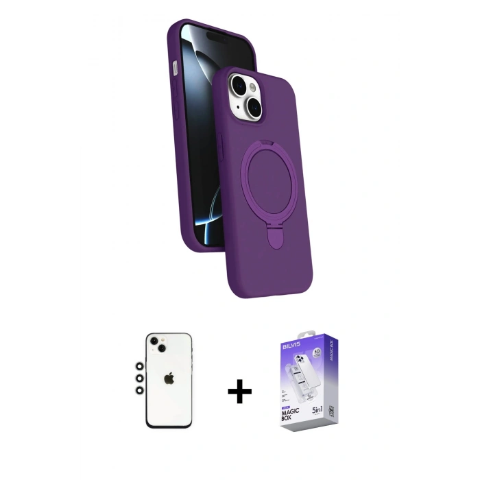 MARSİLYAN™- iPhone 14 Kılıf İz Işık Koleksiyonu - Siyah Bilvis 5in1 3D Magic Cam Ekran Koruyucu + Shine Kamera Lens - GS