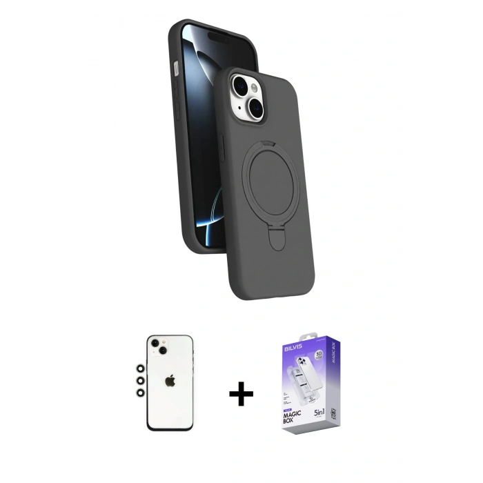 MARSİLYAN™- iPhone 14 Kılıf İz Işık Koleksiyonu - Siyah Bilvis 5in1 3D Magic Cam Ekran Koruyucu + Shine Kamera Lens - GS