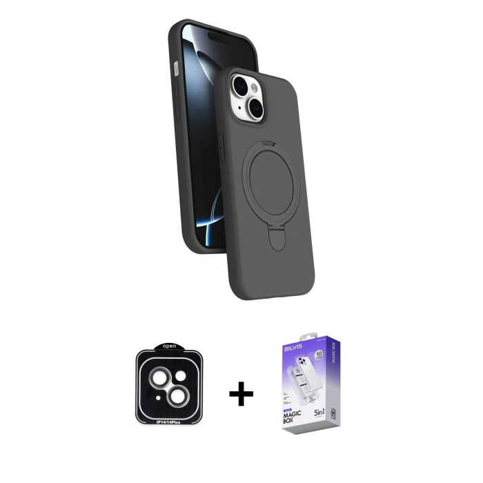 MARSİLYAN™- iPhone 14 Kılıf İz Işık Koleksiyonu - Siyah Bilvis 5in1 3D Magic Cam Ekran Koruyucu + PVD Metal Kamera Lens - YL
