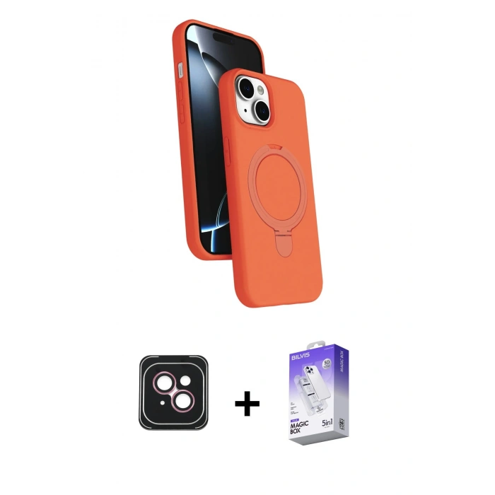 MARSİLYAN™- iPhone 14 Kılıf İz Işık Koleksiyonu - Siyah Bilvis 5in1 3D Magic Cam Ekran Koruyucu + PVD Metal Kamera Lens - PE