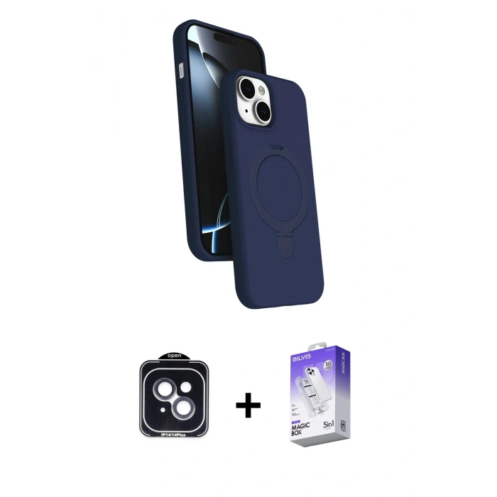MARSİLYAN™- iPhone 14 Kılıf İz Işık Koleksiyonu - Siyah Bilvis 5in1 3D Magic Cam Ekran Koruyucu + PVD Metal Kamera Lens - SH