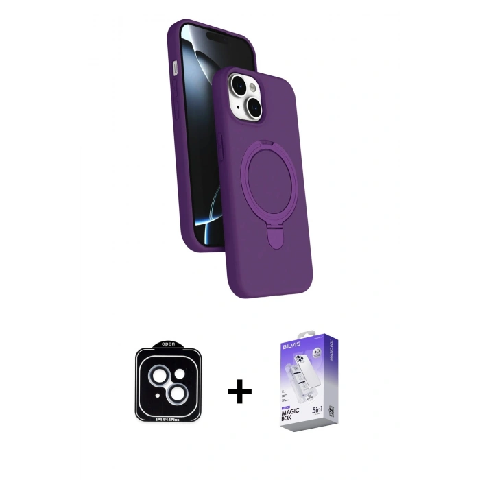 MARSİLYAN™- iPhone 14 Kılıf İz Işık Koleksiyonu - Siyah Bilvis 5in1 3D Magic Cam Ekran Koruyucu + PVD Metal Kamera Lens - MI