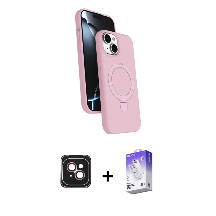 MARSİLYAN™- iPhone 14 Kılıf İz Işık Koleksiyonu - Siyah Bilvis 5in1 3D Magic Cam Ekran Koruyucu + PVD Metal Kamera Lens - PE