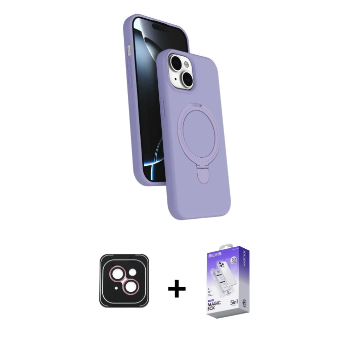 MARSİLYAN™- iPhone 14 Kılıf İz Işık Koleksiyonu - Siyah Bilvis 5in1 3D Magic Cam Ekran Koruyucu + PVD Metal Kamera Lens - PE