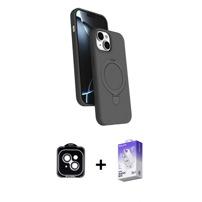 MARSİLYAN™- iPhone 14 Kılıf İz Işık Koleksiyonu - Siyah Bilvis 5in1 3D Magic Cam Ekran Koruyucu + PVD Metal Kamera Lens - MI