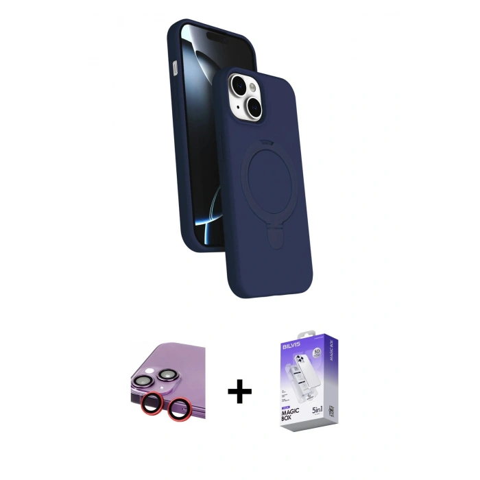 MARSİLYAN™- iPhone 14 Kılıf İz Işık Koleksiyonu - Siyah Bilvis 5in1 3D Magic Cam Ekran Koruyucu + Raze Metal Kamera Lens - KI