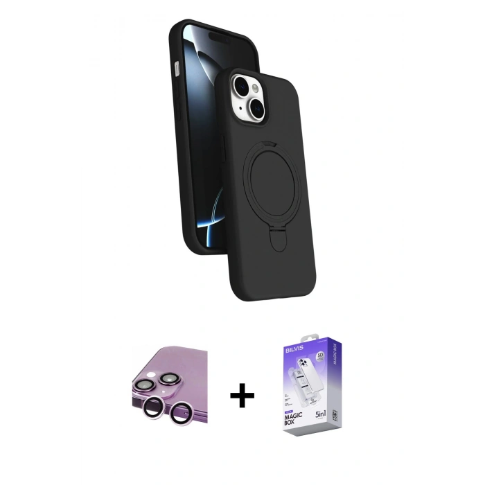 MARSİLYAN™- iPhone 14 Kılıf İz Işık Koleksiyonu - Siyah Bilvis 5in1 3D Magic Cam Ekran Koruyucu + Raze Metal Kamera Lens - MR
