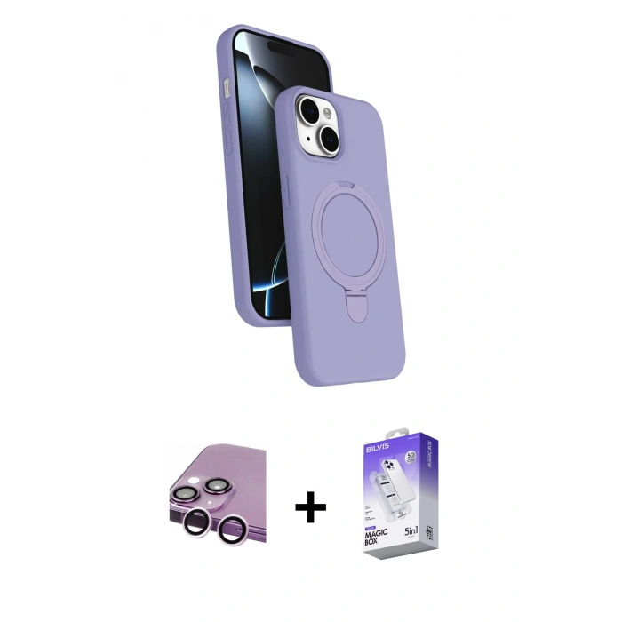 MARSİLYAN™- iPhone 14 Kılıf İz Işık Koleksiyonu - Siyah Bilvis 5in1 3D Magic Cam Ekran Koruyucu + Raze Metal Kamera Lens - MR