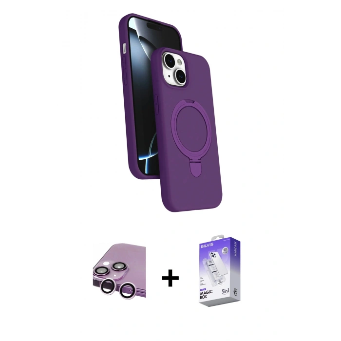 MARSİLYAN™- iPhone 14 Kılıf İz Işık Koleksiyonu - Siyah Bilvis 5in1 3D Magic Cam Ekran Koruyucu + Raze Metal Kamera Lens - MR