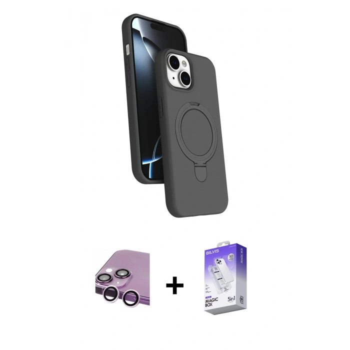 MARSİLYAN™- iPhone 14 Kılıf İz Işık Koleksiyonu - Siyah Bilvis 5in1 3D Magic Cam Ekran Koruyucu + Raze Metal Kamera Lens - MR