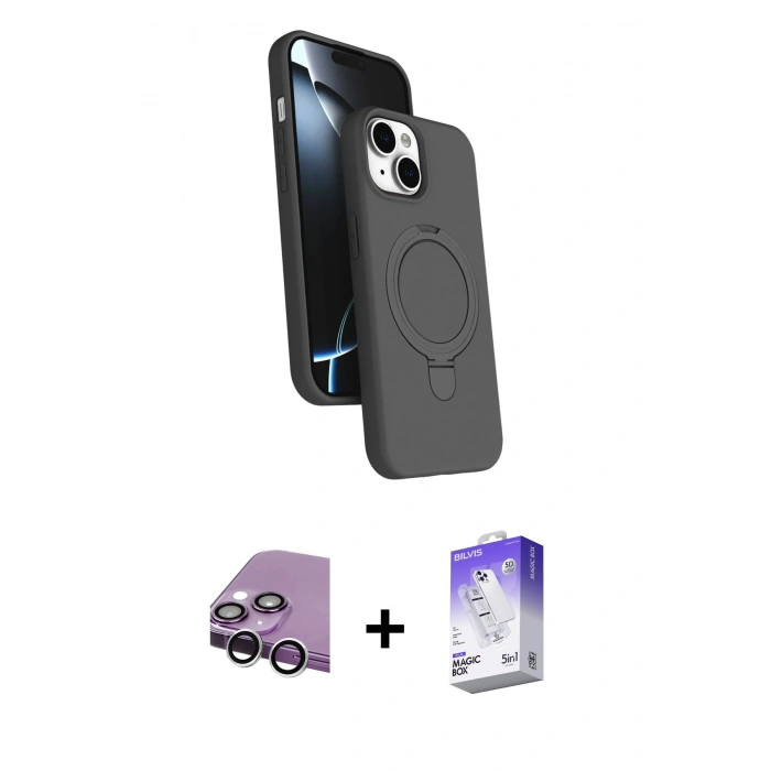 MARSİLYAN™- iPhone 14 Kılıf İz Işık Koleksiyonu - Siyah Bilvis 5in1 3D Magic Cam Ekran Koruyucu + Raze Metal Kamera Lens - GS