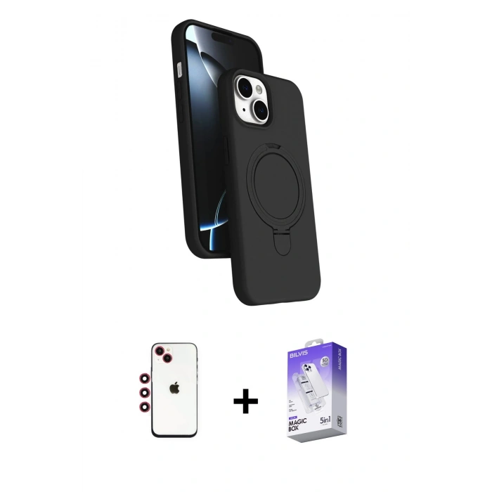 MARSİLYAN™- iPhone 14 Kılıf İz Işık Koleksiyonu - Siyah Bilvis 5in1 3D Magic Cam Ekran Koruyucu + Shine Kamera Lens - KI