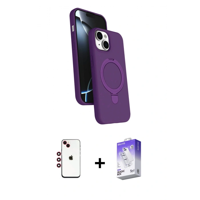 MARSİLYAN™- iPhone 14 Kılıf İz Işık Koleksiyonu - Siyah Bilvis 5in1 3D Magic Cam Ekran Koruyucu + Shine Kamera Lens - KI