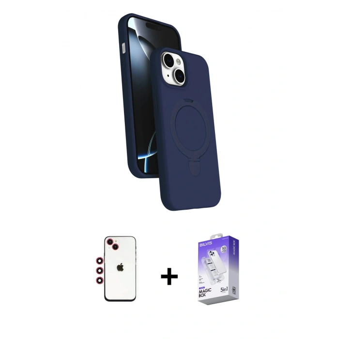 MARSİLYAN™- iPhone 14 Kılıf İz Işık Koleksiyonu - Siyah Bilvis 5in1 3D Magic Cam Ekran Koruyucu + Shine Kamera Lens - KI