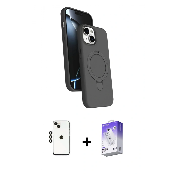 MARSİLYAN™- iPhone 14 Kılıf İz Işık Koleksiyonu - Siyah Bilvis 5in1 3D Magic Cam Ekran Koruyucu + Shine Kamera Lens - SH