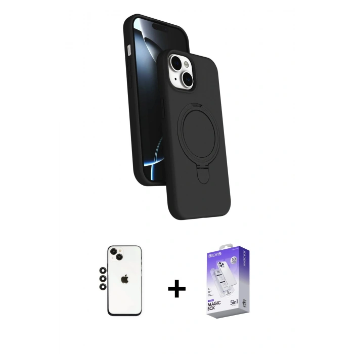 MARSİLYAN™- iPhone 14 Kılıf İz Işık Koleksiyonu - Siyah Bilvis 5in1 3D Magic Cam Ekran Koruyucu + Shine Kamera Lens - SH