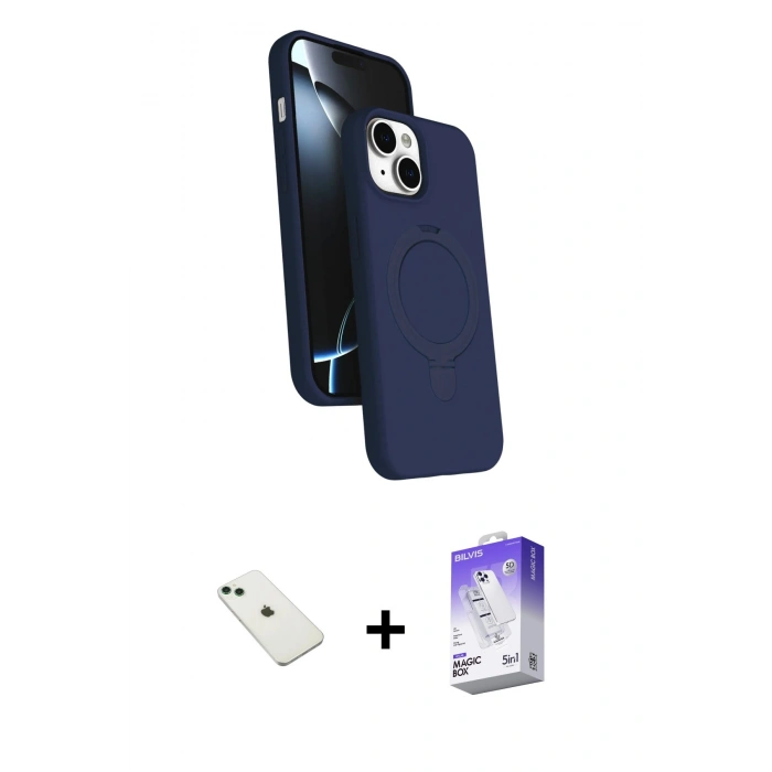 MARSİLYAN™- iPhone 14 Kılıf İz Işık Koleksiyonu - Siyah Bilvis 5in1 3D Magic Cam Ekran Koruyucu + Diamond Kamera Lens - YL