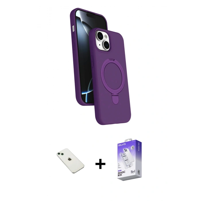 MARSİLYAN™- iPhone 14 Kılıf İz Işık Koleksiyonu - Siyah Bilvis 5in1 3D Magic Cam Ekran Koruyucu + Diamond Kamera Lens - YL