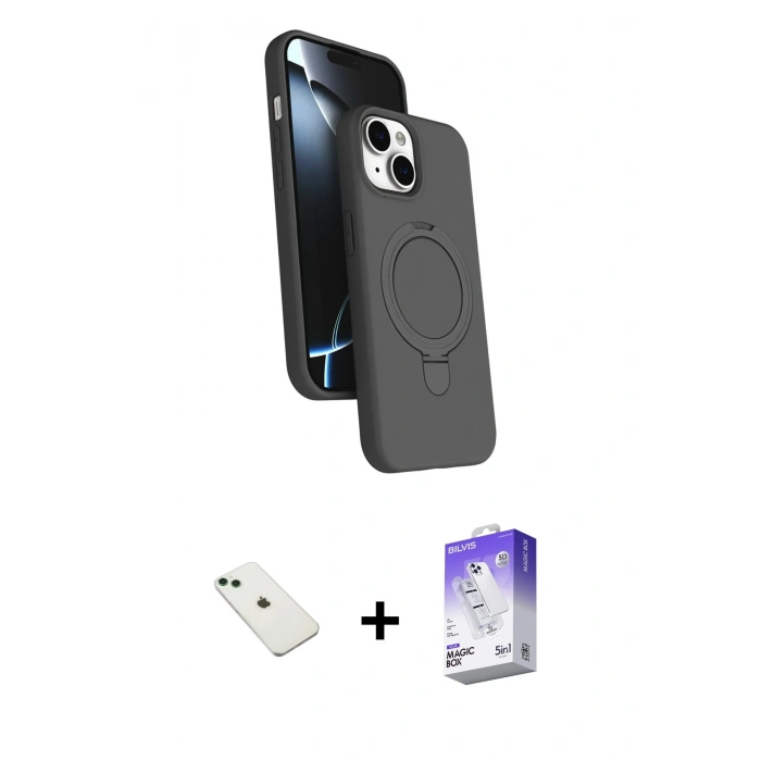 MARSİLYAN™- iPhone 14 Kılıf İz Işık Koleksiyonu - Siyah Bilvis 5in1 3D Magic Cam Ekran Koruyucu + Diamond Kamera Lens - YL