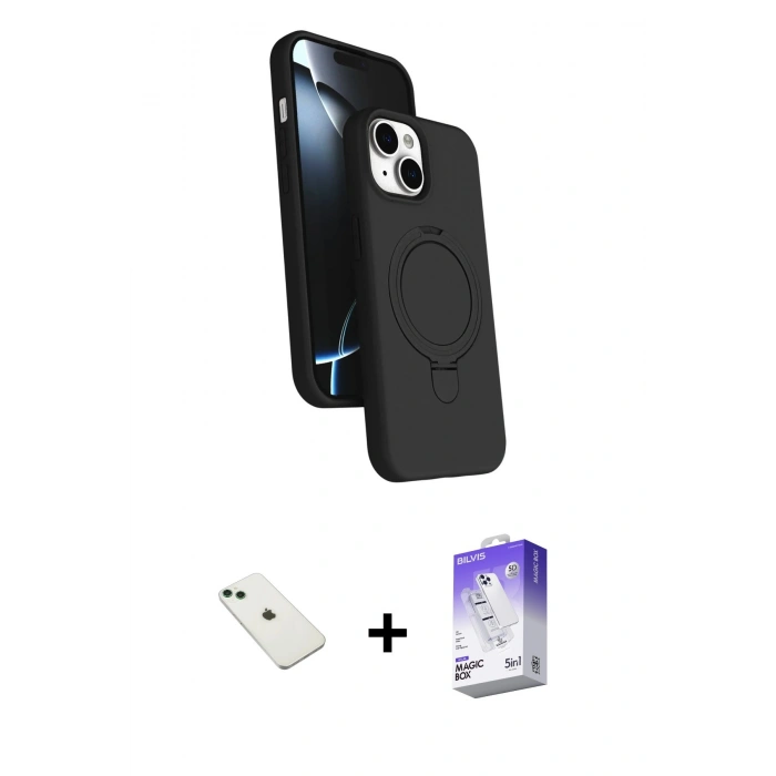 MARSİLYAN™- iPhone 14 Kılıf İz Işık Koleksiyonu - Siyah Bilvis 5in1 3D Magic Cam Ekran Koruyucu + Diamond Kamera Lens - YL