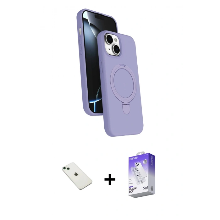 MARSİLYAN™- iPhone 14 Kılıf İz Işık Koleksiyonu - Siyah Bilvis 5in1 3D Magic Cam Ekran Koruyucu + Diamond Kamera Lens - YL