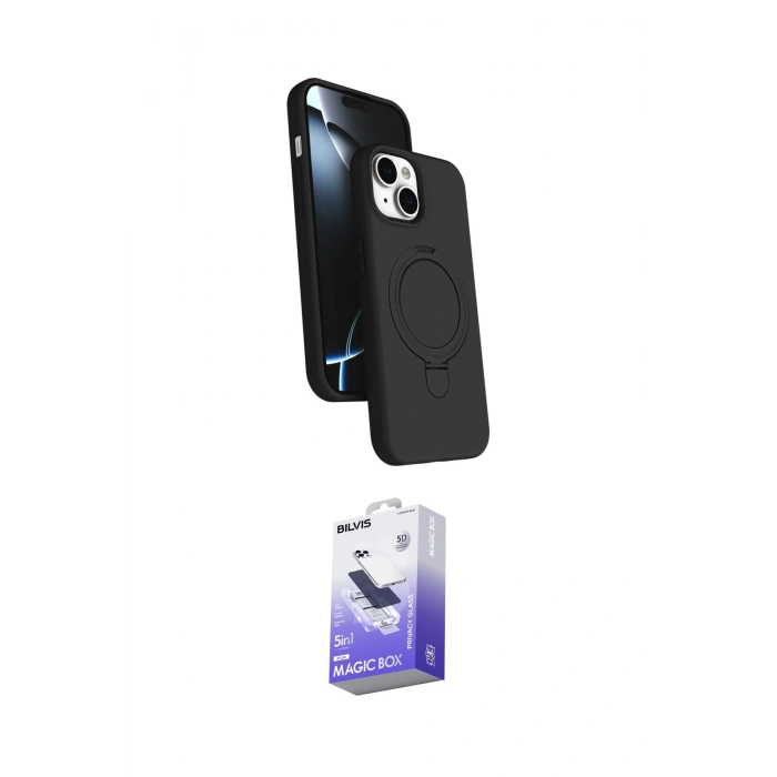 MARSİLYAN™- iPhone 14 Kılıf İz Işık Koleksiyonu - Siyah Bilvis 5in1 5D Magic Hayalet Cam Ekran Koruyucu