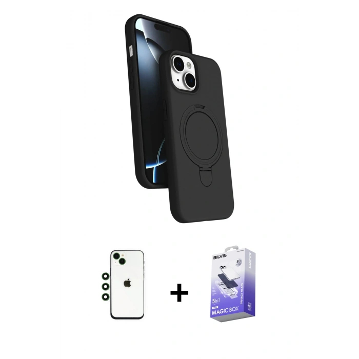 MARSİLYAN™- iPhone 14 Kılıf İz Işık Koleksiyonu - Siyah Bilvis 5in1 5D Magic Hayalet Cam Ekran Koruyucu + Shine Kamera Lens - YL