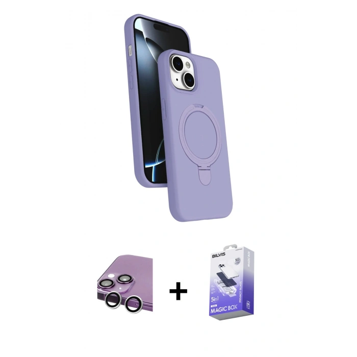 MARSİLYAN™- iPhone 14 Kılıf İz Işık Koleksiyonu - Siyah Bilvis 5in1 5D Magic Hayalet Cam Ekran Koruyucu + Raze Metal Kamera Lens - GS