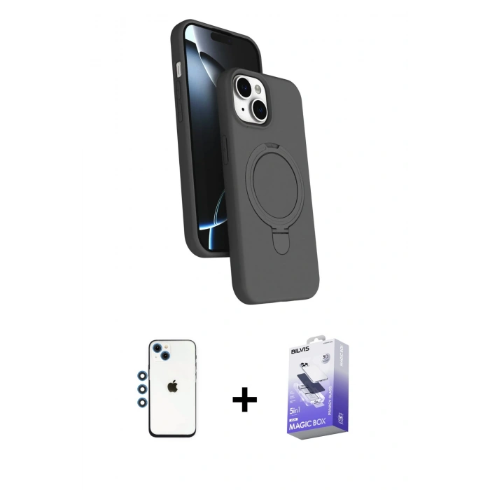 MARSİLYAN™- iPhone 14 Kılıf İz Işık Koleksiyonu - Siyah Bilvis 5in1 5D Magic Hayalet Cam Ekran Koruyucu + Shine Kamera Lens - MI