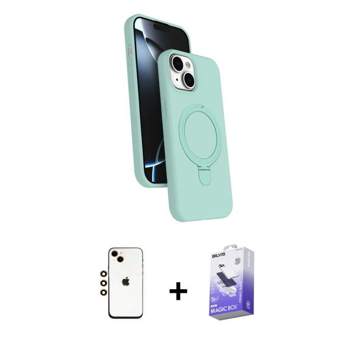 MARSİLYAN™- iPhone 14 Kılıf İz Işık Koleksiyonu - Siyah Bilvis 5in1 5D Magic Hayalet Cam Ekran Koruyucu + Shine Kamera Lens - GD