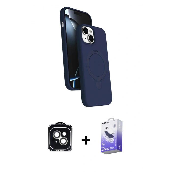 MARSİLYAN™- iPhone 14 Kılıf İz Işık Koleksiyonu - Siyah Bilvis 5in1 5D Magic Hayalet Cam Ekran Koruyucu + PVD Metal Kamera Lens - YL