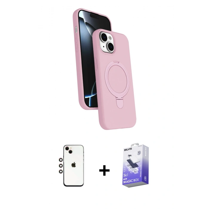 MARSİLYAN™- iPhone 14 Kılıf İz Işık Koleksiyonu - Siyah Bilvis 5in1 5D Magic Hayalet Cam Ekran Koruyucu + Shine Kamera Lens - GI