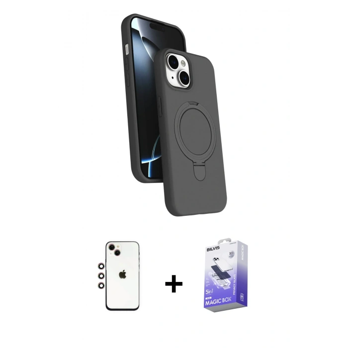 MARSİLYAN™- iPhone 14 Kılıf İz Işık Koleksiyonu - Siyah Bilvis 5in1 5D Magic Hayalet Cam Ekran Koruyucu + Shine Kamera Lens - GI