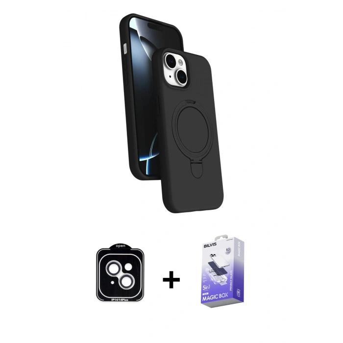 MARSİLYAN™- iPhone 14 Kılıf İz Işık Koleksiyonu - Siyah Bilvis 5in1 5D Magic Hayalet Cam Ekran Koruyucu + PVD Metal Kamera Lens - GS