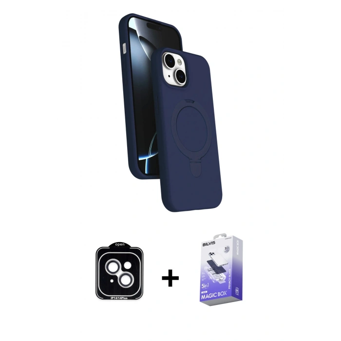 MARSİLYAN™- iPhone 14 Kılıf İz Işık Koleksiyonu - Siyah Bilvis 5in1 5D Magic Hayalet Cam Ekran Koruyucu + PVD Metal Kamera Lens - GS